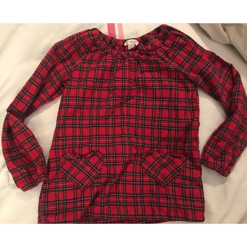 Lands End Plaid tartan Red Black Tunic Blouse‎ Top Sz 7 Holiday Xmas SOFT